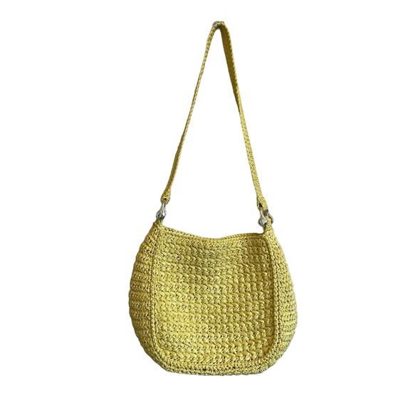 Vintage 1960s wicker shoulder bag purse sunny yellow coastal grandma silver